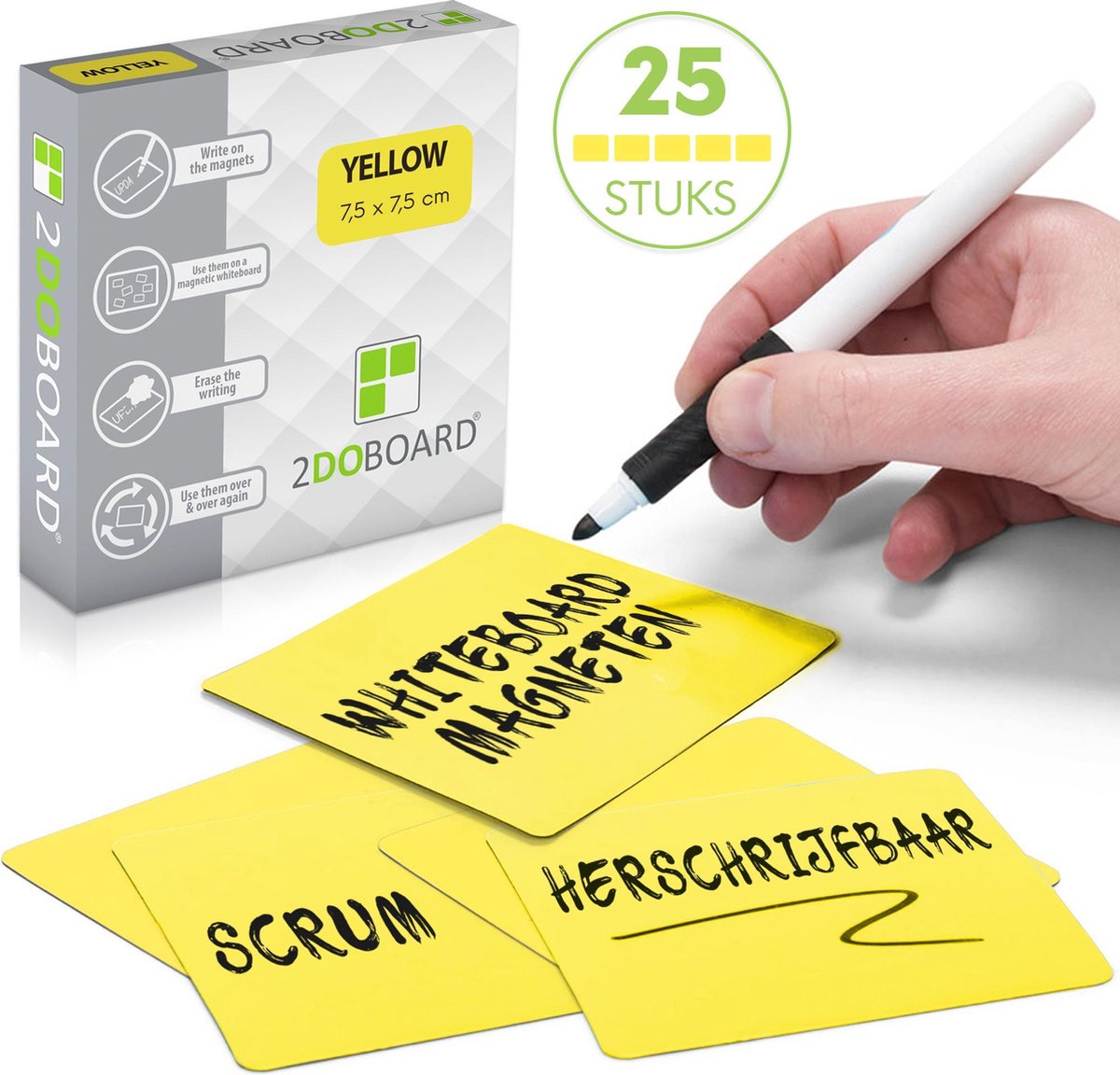 2DOBOARD Scrum Whiteboard Magneten 7,5 x 7,5 cm - 25 stuks - Geel - Herschrijfbare Magneten voor Kanban bord of Scrumbord - Beschrijfbare Magneten - Planbord Magneten Herschrijfbaar - Agile werken - Voor elk Dagstartbord of Scrum Board!
