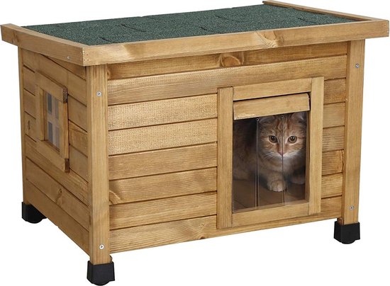 Rexa® Kattenhuisje van dennenhout 57x45x43cm | Kattenmand voor buiten of in huis | Beschermt kat tegen kou en geeft veilig gevoel | Makkelijke ingang | Hoogwaardig hout | Kattenbak | Katten huis