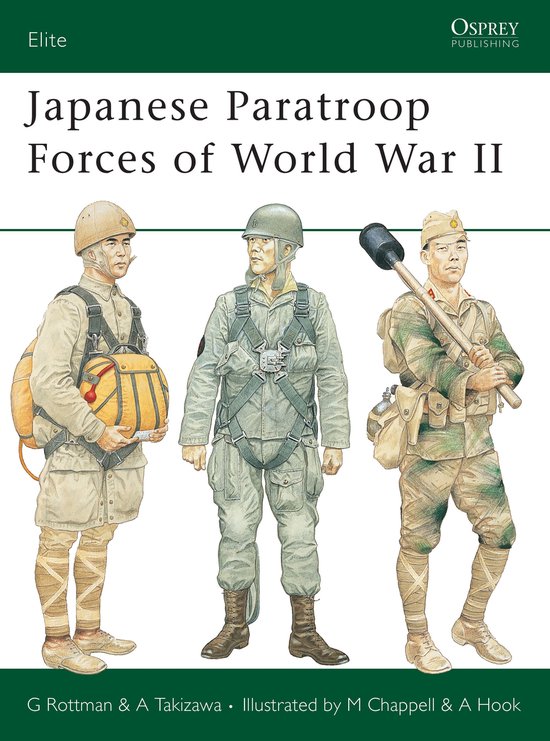 Boekomslag met drie Japanse parachutisten in uniform uit de Tweede Wereldoorlog met uitrusting en wapens.