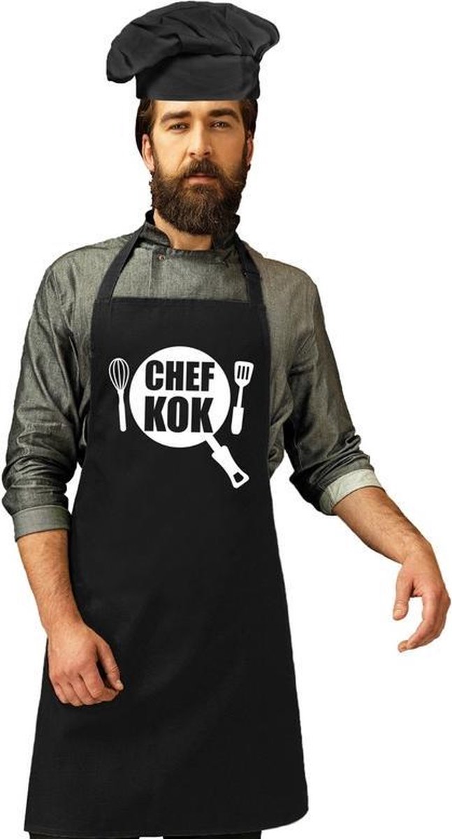 Chef kok keukenschort zwart heren met zwarte koksmuts