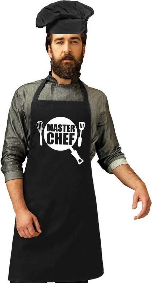 Master chef keukenschort zwart heren met zwarte koksmuts