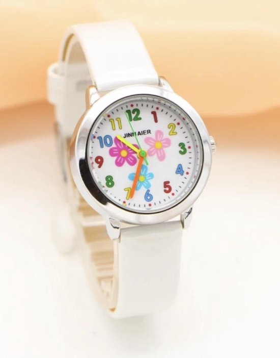 vlotter Susteen achter Meisjes horloge wit met bloem afbeelding en leer bandje. | bol.com