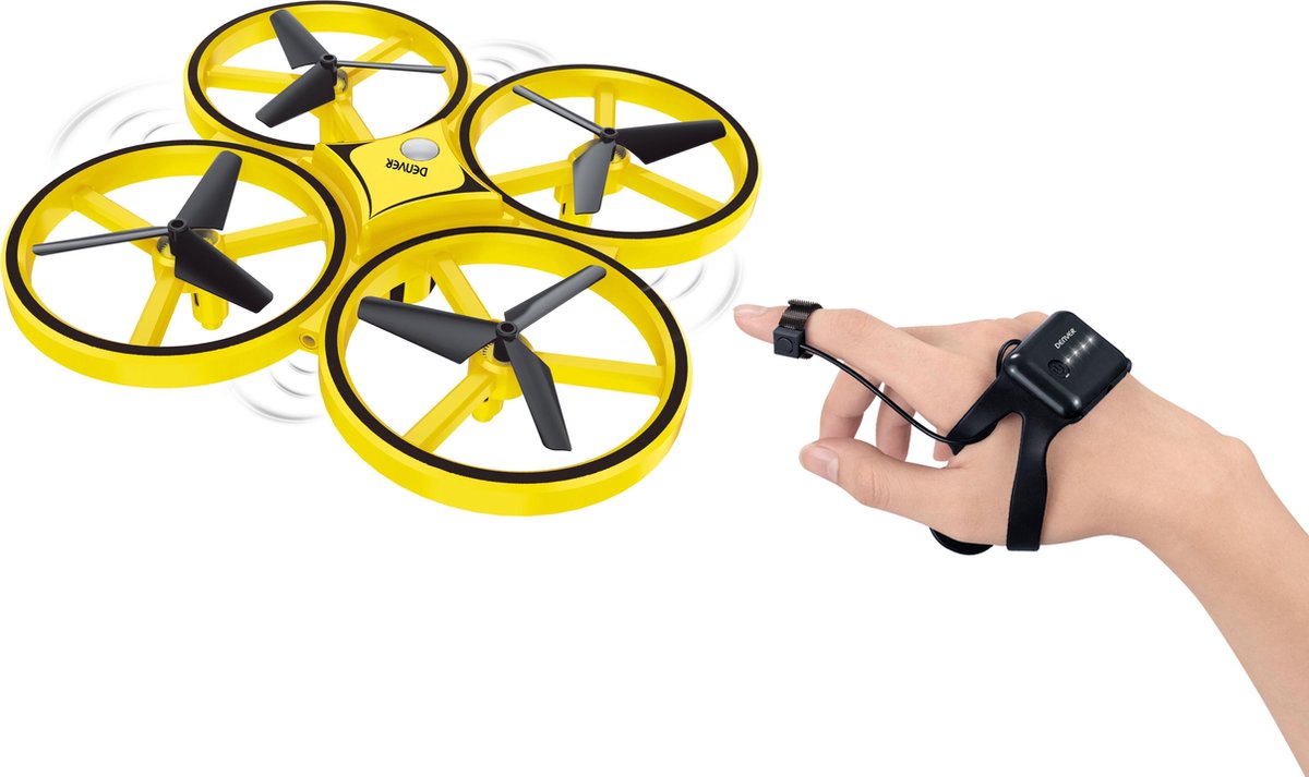 Denver Mini Drone voor Kinderen en Volwassenen - 30m Bereik - Handbesturing - LED Licht - DRO170 - Zwart/Geel