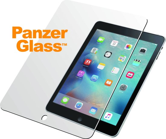 Transparante PanzerGlass screenprotector op een zwarte iPad Mini.