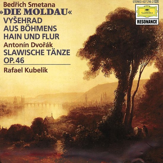 Albumcover met schilderij van een stad aan een rivier, met tekst 'Die Moldau', 'Vysehrad', 'Aus Böhmens Hain und Flur', 'Slawische Tänze Op.46', 'Rafael Kubelik'.