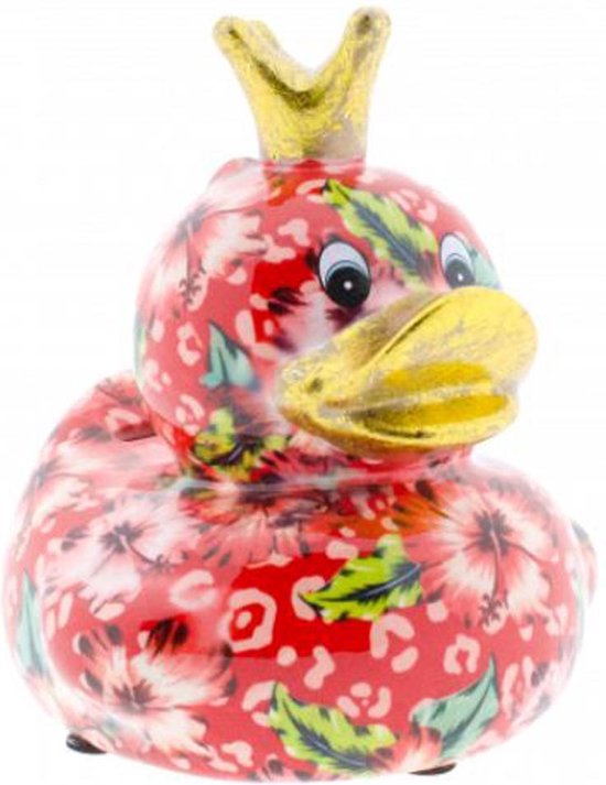 Pomme Pidou spaarpot eend Ducky M rood met rode bloemen | bol.com