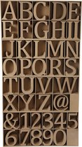 Houten letters. cijfers en tekens. H: 13 cm. dikte 2 cm. 160 stuk/ 1 doos