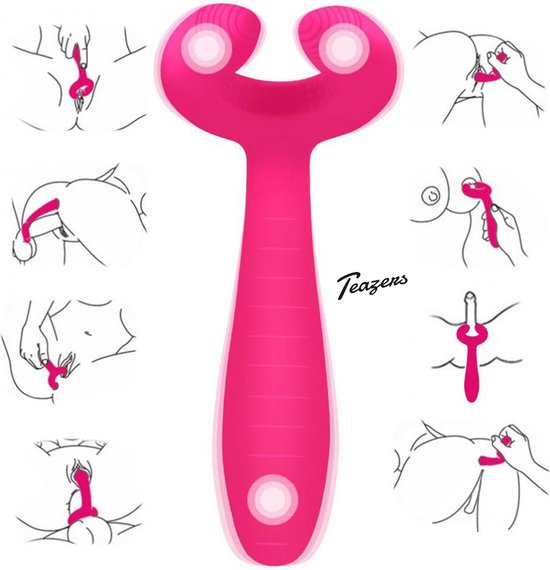 Roze paars koppel vibrator met uitlegillustraties van diverse toepassingen. De tekst 'Teazers' staat in de rechter benedenhoek.