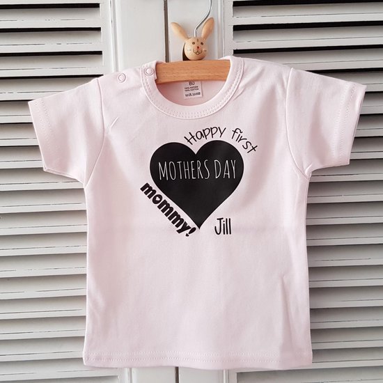 Baby shirtje meisje tekst mama eerste moederdag cadeau van papa | Happy first mother’s Day mommy | korte mouw T-Shirt | roze | maat 68 | liefste leukste kleding babykleding