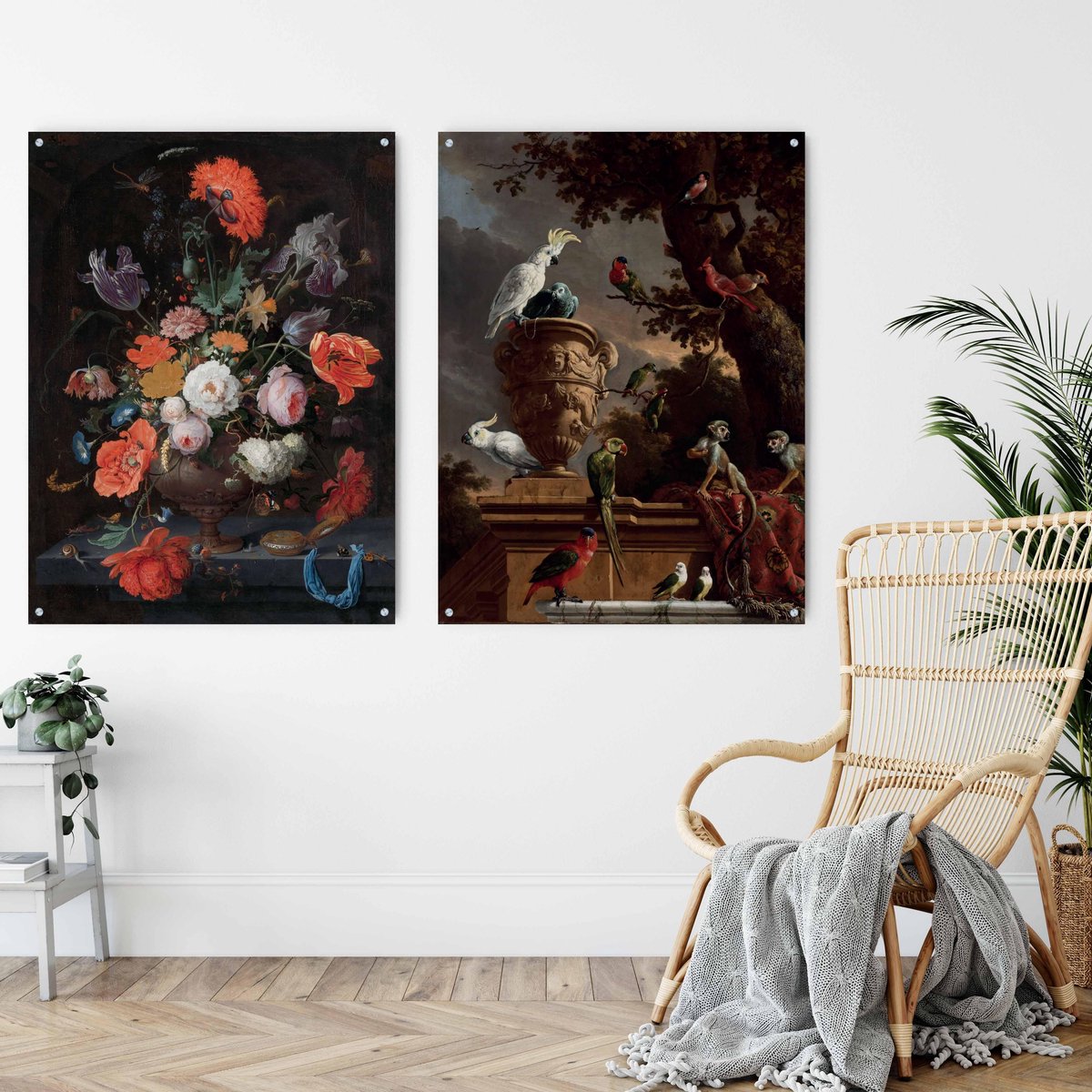 Omkeerbaar schilderij van De menagerie, Melchior d' Hondecoeter met Stilleven met bloemen op aluminium dibond, formaat L