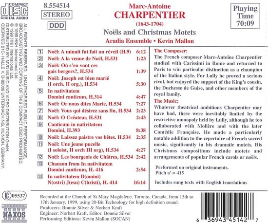 CD met 'Noëls and Christmas Motets' van Marc-Antoine Charpentier, uitgevoerd door Aradia Ensemble en Kevin Mallon.