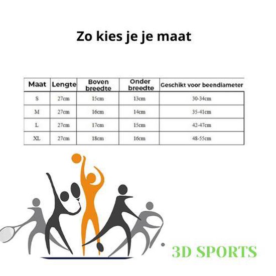 Maattabel voor kniebraces: S, M, L, XL. Met logo '3D SPORTS'.