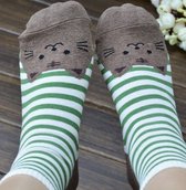 Hippe Groen gestreepte kattensokken - Kat - Unisex Sokken Maat 36-41