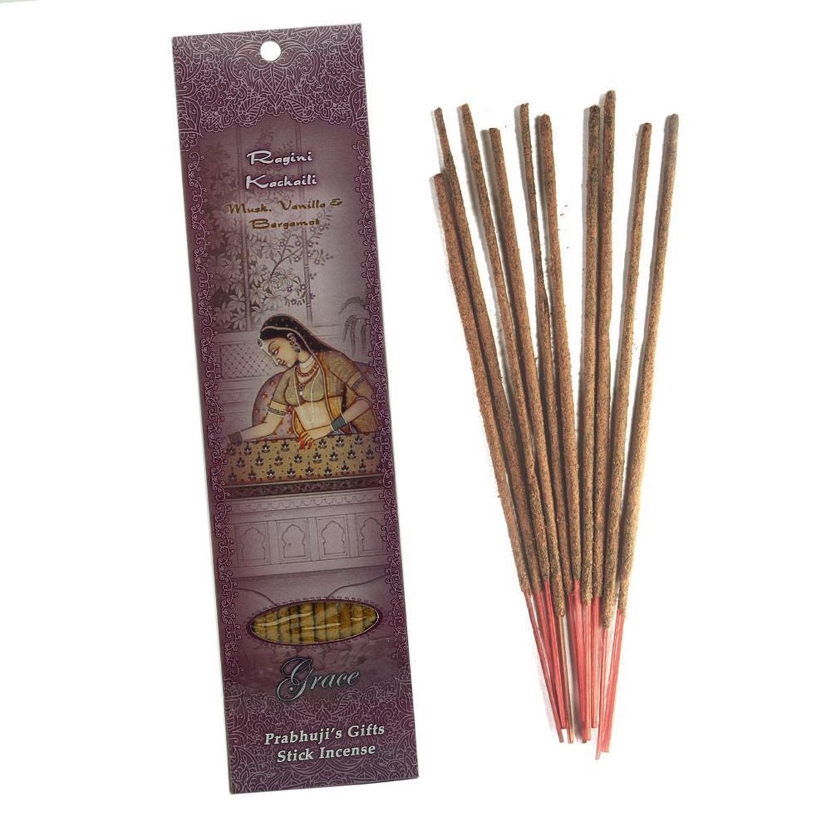 Wierooksticks, handgerold, 'Ragini Kachaili' met musk, vanille en bergamot, 20 sticks