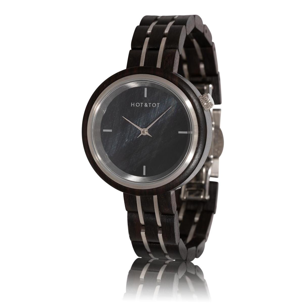 HOT&TOT | Falcony - Houten horloge voor dames - 36mm - Ebbenhout - Valkenoog steen - Zilver - Zwart