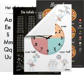 Set A - Educatieve Posters A2 (4 Stuks) - Alfabet, Tafels/Keersommen, Breuken, Klokkijken