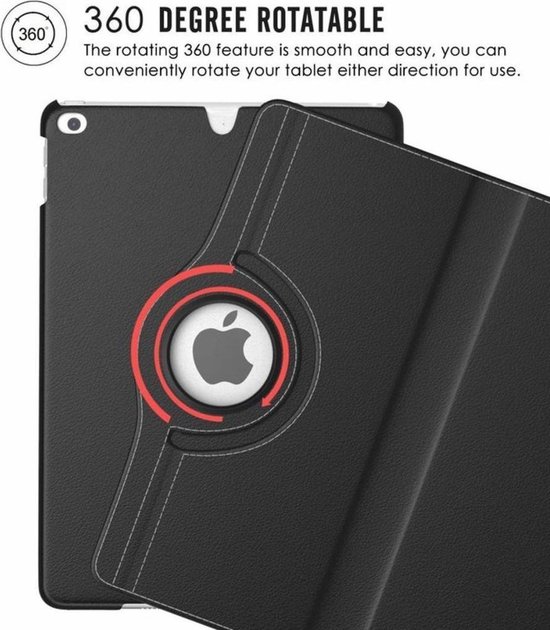 Achterkant van een zwarte Ntech tablethoes met 360° roteerbare Apple-logo houder.