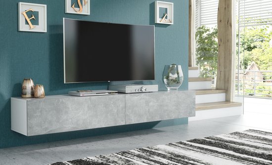 Pro-meubels - Zwevend Tv-meubel - Tv kast - Tunis - Wit - Betonlook - 200cm  - 2x100cm | bol.com