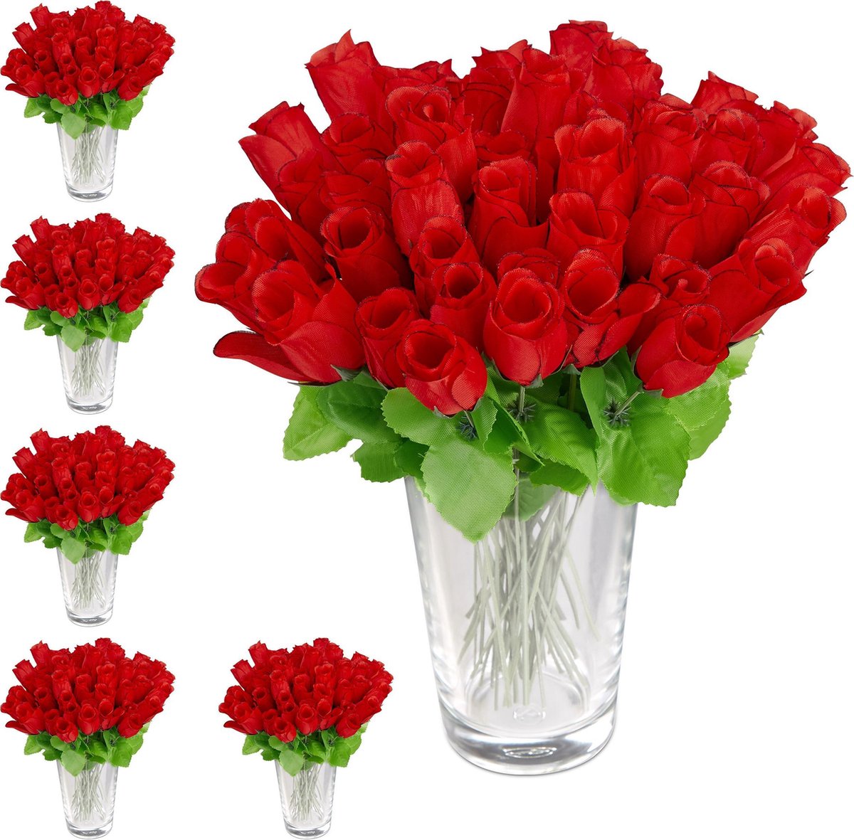 Relaxdays 288x kunstrozen rood kunstbloemen decoratie nep bloemen steel en blad