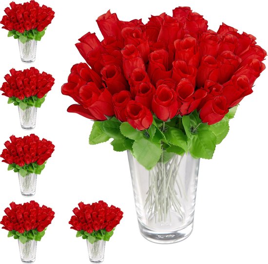 Relaxdays 288x kunstrozen - rood - kunstbloemen - decoratie - nep bloemen -  steel en blad | bol.com