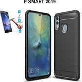 Huawei P Smart 2019 / Honor 10 Lite Carbone Brushed Tpu Zwart Cover Case Hoesje - 1 x Tempered Glass Screenprotector