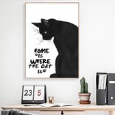 Canvas Schilderij * Home is where The Cat is * - Kunst aan je Muur - Kattenliefhebber - Zwart Wit - 50 x 75 cm