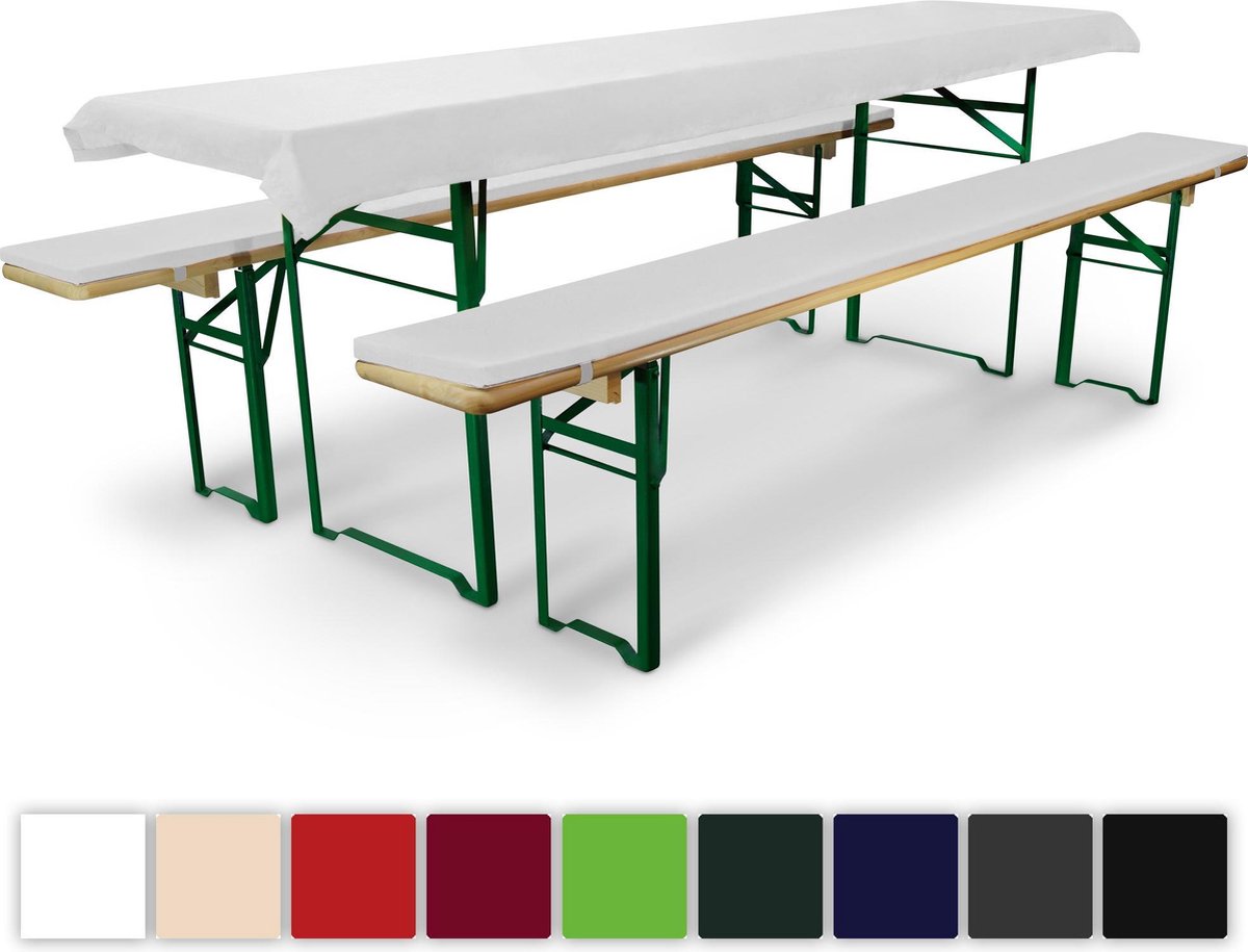Beautissu Comfort XS gewatteerde bierbankkussentjes & tafelkleed voor bierbank 220x50cm wit