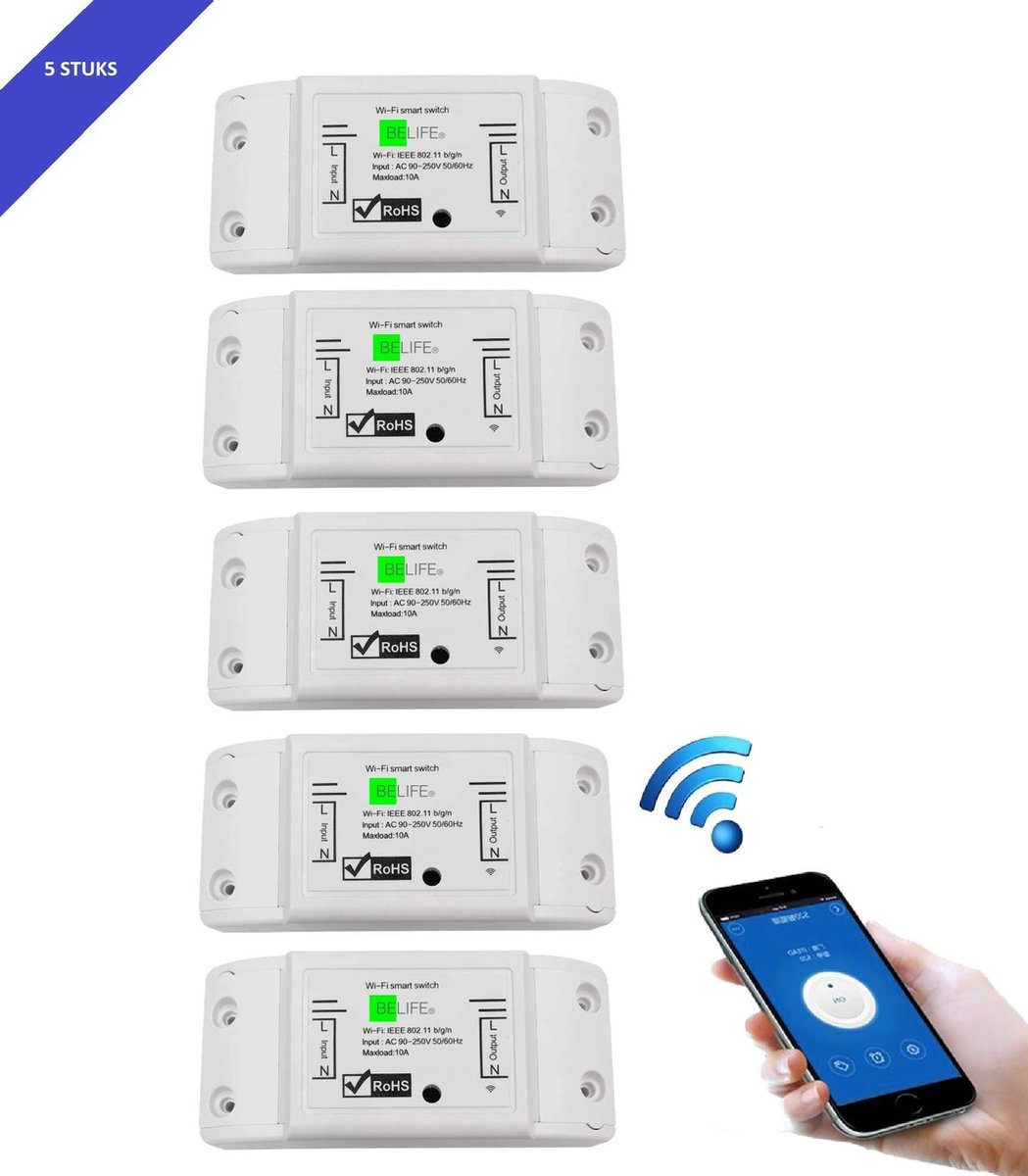 5 stuks BELIFE® Smart Switch | Wifi schakelaar | Bediening met uw smartphone | 10A |2200W