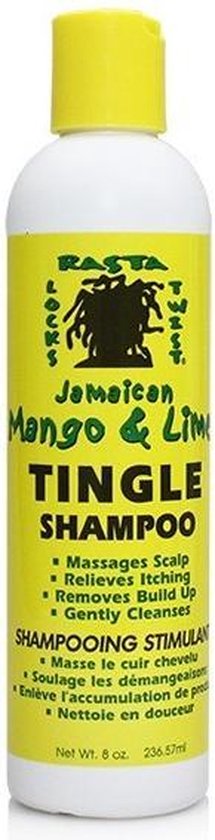 Witte fles met gele dop, met "Rasta Locks Twist" logo en "Jamaican Mango & Lime Tingle Shampoo" tekst.