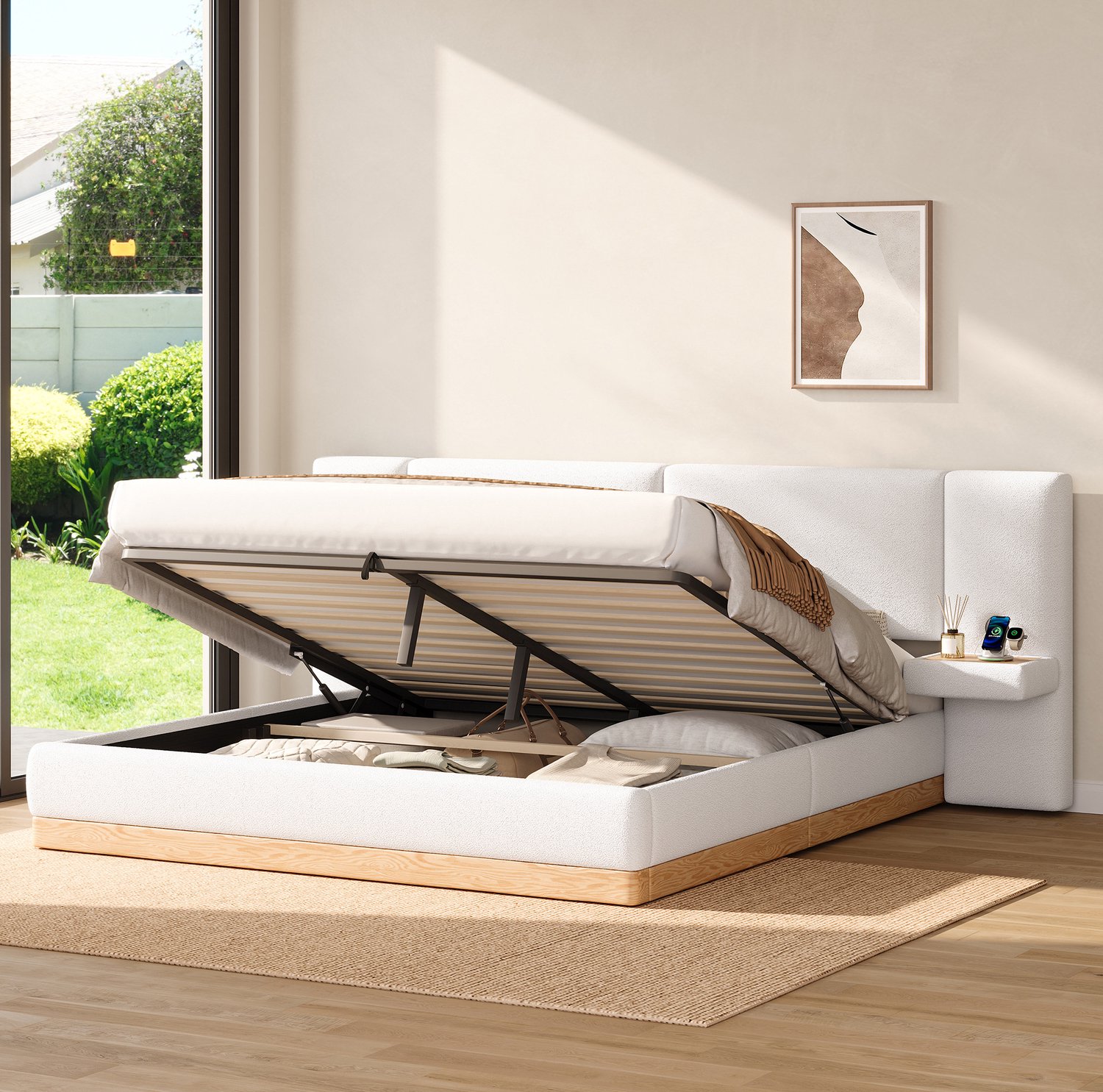 REDOM Tweepersoons opbergbed 180x200 cm - Hydraulische opbergruimte, USB en zijplanken - Wit/naturel