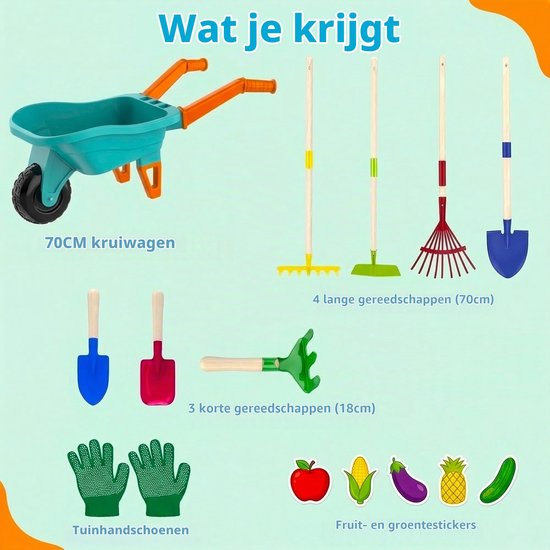 Kids Tuinieren Tool Set, 70CM Kruiwagen met 70CM Metalen Schop Hark Schoffel Blad Hark 20CM Schop Hark Handschoenen Educatief STEM Leren Pretend Speelgoed voor Outdoor Tuin Yard Gazon Graven — afbeelding 4