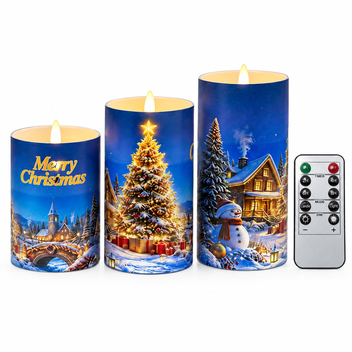 led kaarsen, set van 3, blauw met kerstdecoratie, oplaadbaar en met afstandsbediening