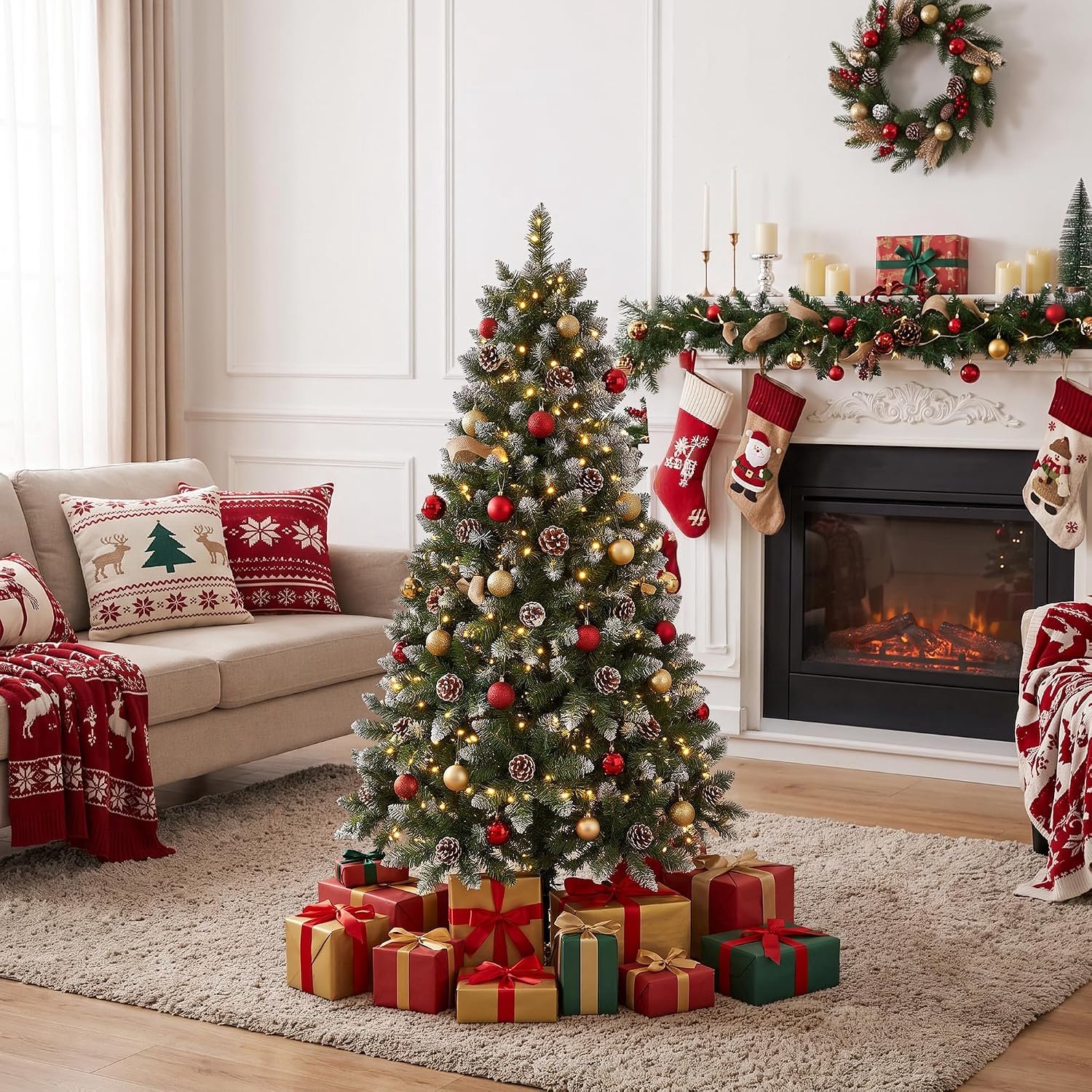 Kunstkerstboom 150 cm PVC met sneeuweffect, ingebouwde LED-verlichting, dennenappels, brandvertragend, stabiele voet