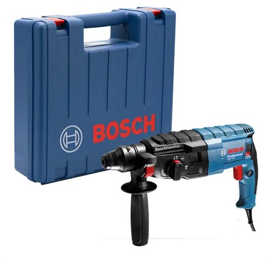 Bosch hamerboor met SDS Plus aansluiting, blauw en zwart, met een blauwe Bosch koffer ernaast.