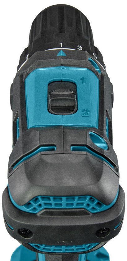 Bovenaanzicht van een blauw-zwarte Makita accuboormachine met een versnellingsschakelaar gemarkeerd 1 en 2.