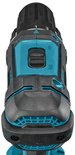 Bovenaanzicht van een blauw-zwarte Makita accuboormachine met een versnellingsschakelaar gemarkeerd 1 en 2.
