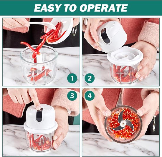 Elektrische mini-uienhakmolen - Elektrische keukenhakmolen 350 ml, USB-oplaadbaar, draadloos, kleine uienhakmolen, geschikt voor uien, fruit, noten, vlees, knoflook — afbeelding 4
