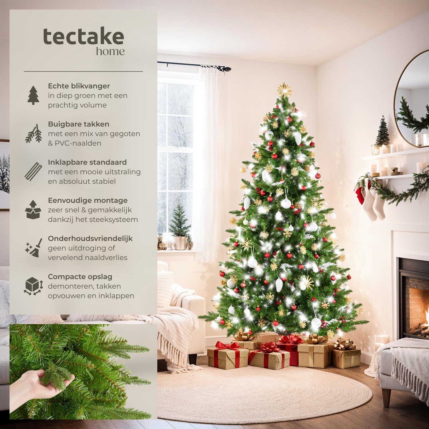 tectake® Kunstkerstboom Cupid - Natuurgetrouwe uitstraling met flexibele takken - Dichte diepgroene naalden - Snelle opbouw met steeksysteem - Inclusief inklapbare standaard - 180cm - 545 takken – foto 2