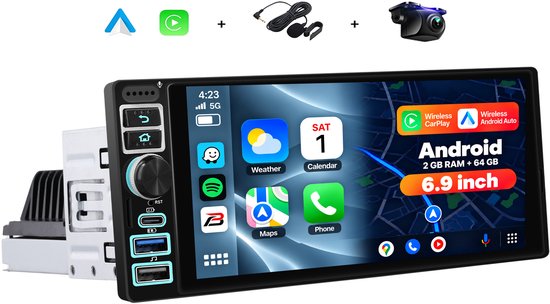 Boscer 1Din Autoradio Universeel - Apple Carplay & Android Auto (Draadloos) - Android 15 - 2+64GB - 6.9 Inch IPS HD Touchscreen - GPS Navigatiesysteem - Bluetooth, USB, USB-C, WIFI & MP5 - AHD Achteruitrijcamera & Microfoon