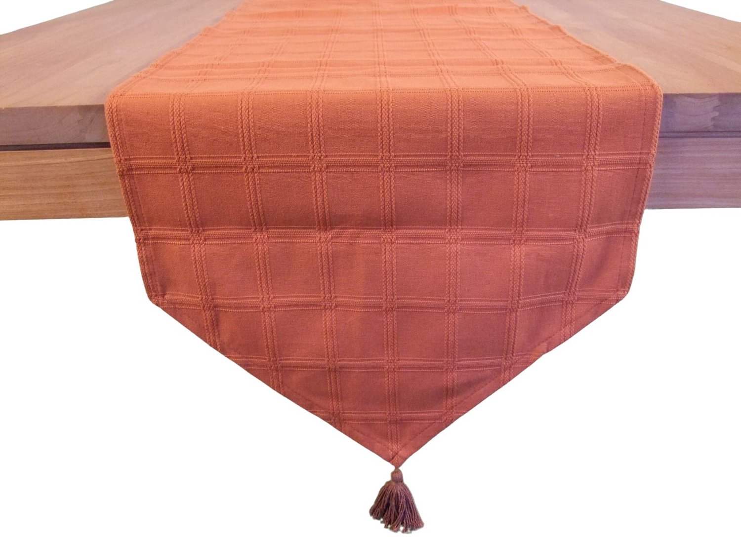 Tafelloper Marlyn - 40 x 170 cm - kleur 6 - oranje - 100% katoen - met ingeweven blokkenpatroon en kwastjes aan uiteinden