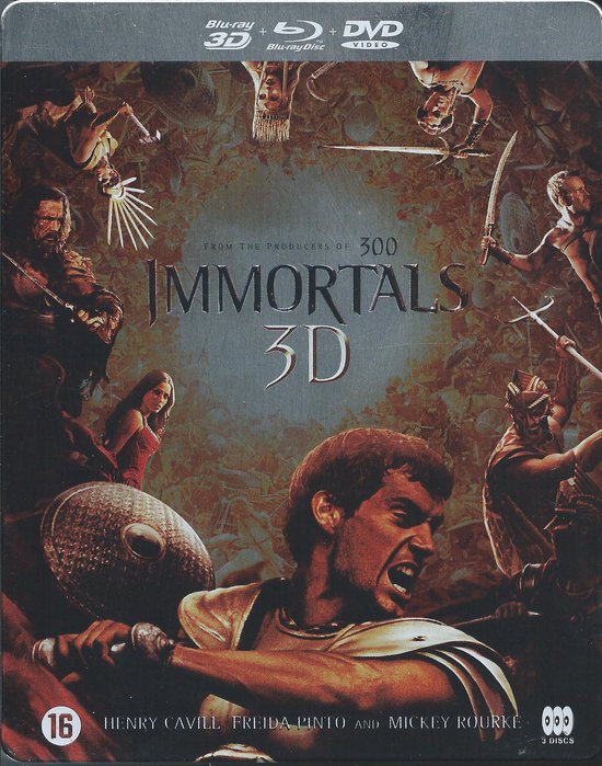 Immortals 3D Blu-ray Steelbook met Henry Cavill en cast in een epische gevechtsscène.