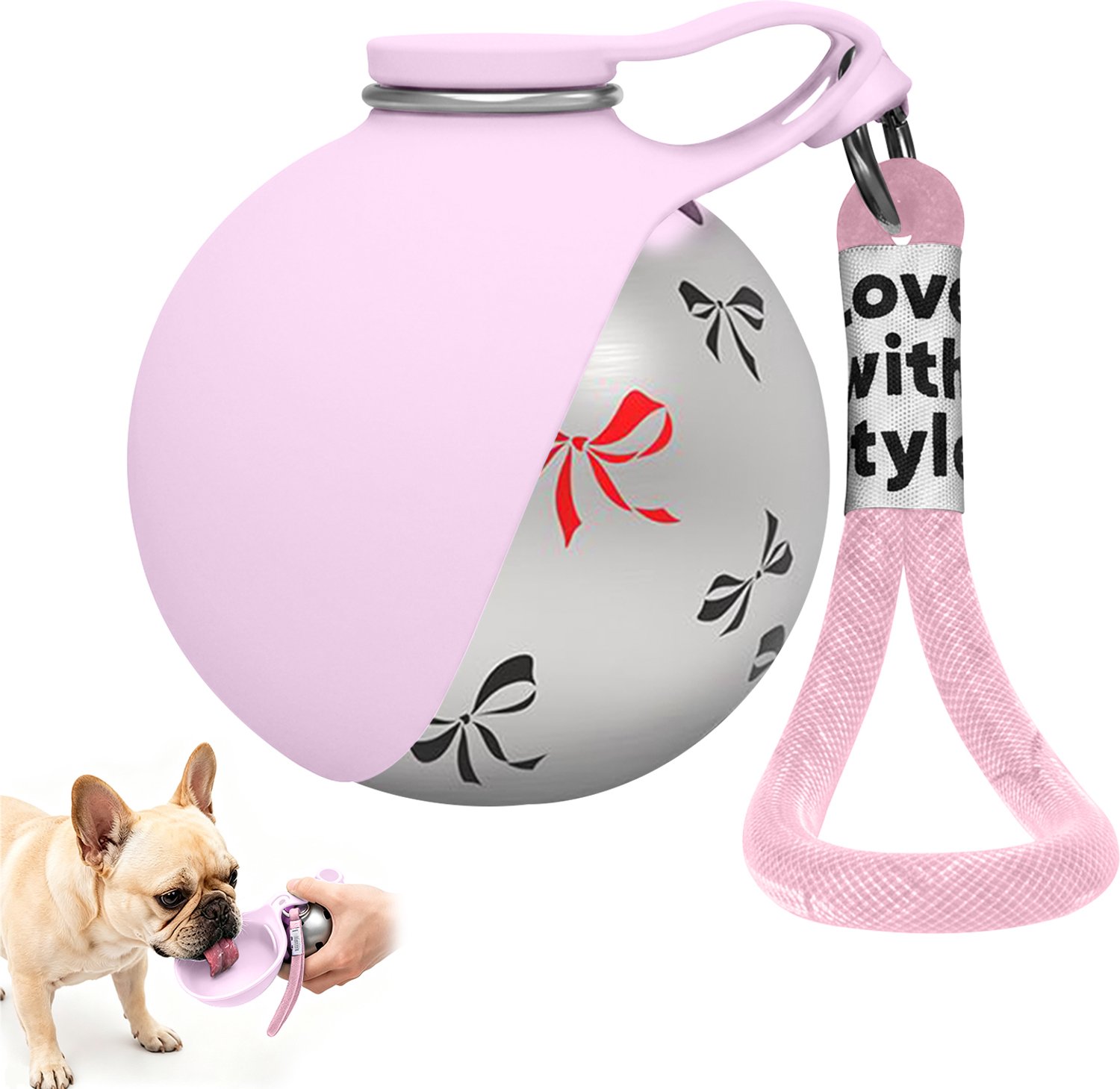 2-in-1 Huisdier Drinkfles - Voor honden - Opvouwbare siliconen kom - Ronde roestvrijstalen behuizing - Lekvrije afsluiting - 285 ml - Compact en draagbaar - Roze