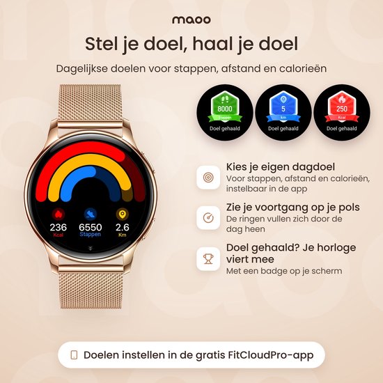 Rosé gouden smartwatch toont dagelijkse doelen met ringen voor 236 Kcal, 6550 stappen en 2.6 km.