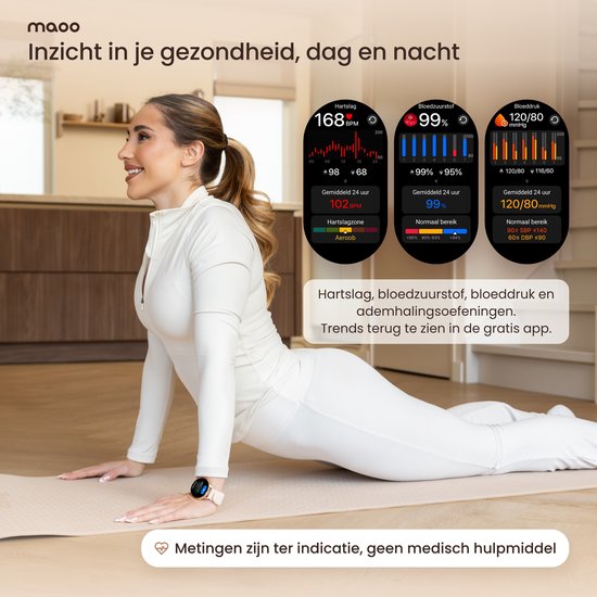 Vrouw in witte sportkleding tijdens yoga, toont app-schermen met hartslag 168 BPM, zuurstof 99% en bloeddruk 120/80.