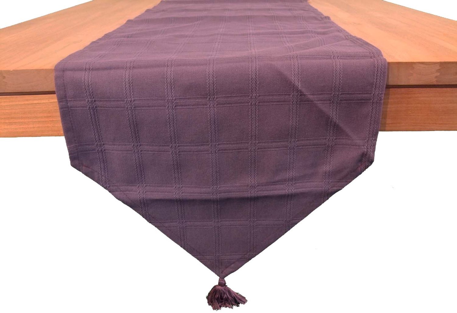 Tafelloper Marlyn - 40 x 170 cm - kleur 23 - paars - 100% katoen - met ingeweven blokkenpatroon en kwastjes aan uiteinden - loper - lopertje