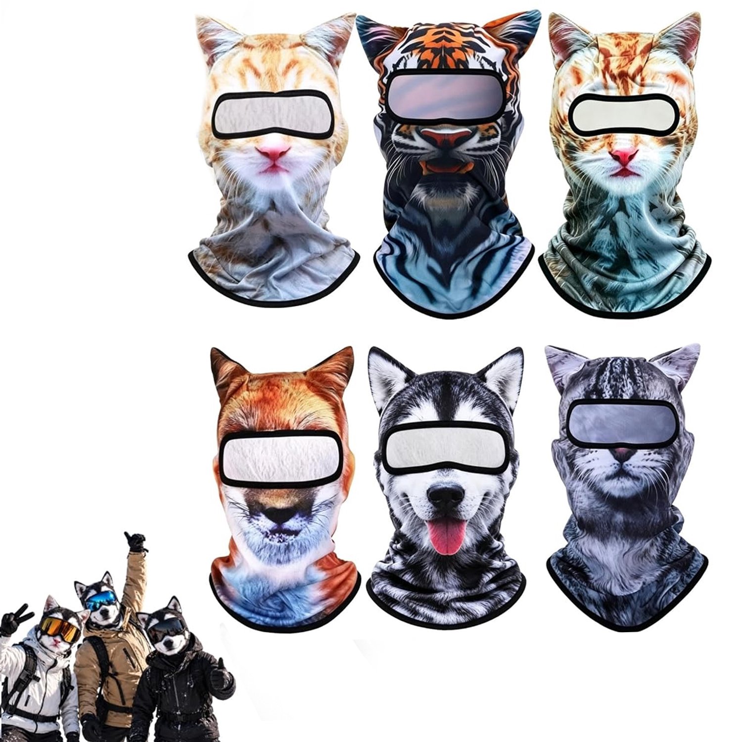 Stijl-G 6 Stuks Dieren Ski Gezichtsmasker Grappige 3D Kat & Hond met Oren Winddicht Winter Hoofdmasker met Volledige Gezicht & Nek Bedekking Unisex Eén voor Volwassenen Geschikt voor Snowboarden Buitensport Halloween Feesten Cyslmuk® Stijl-a