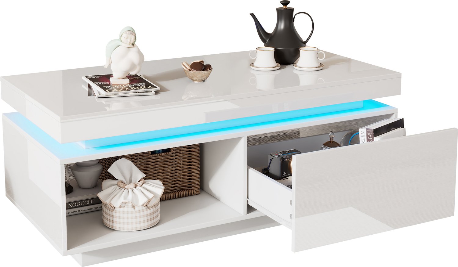 Merax Moderne hoogglans salontafel met LED-verlichting - 100x50x40,3 cm - bijzettafel met lade - wit