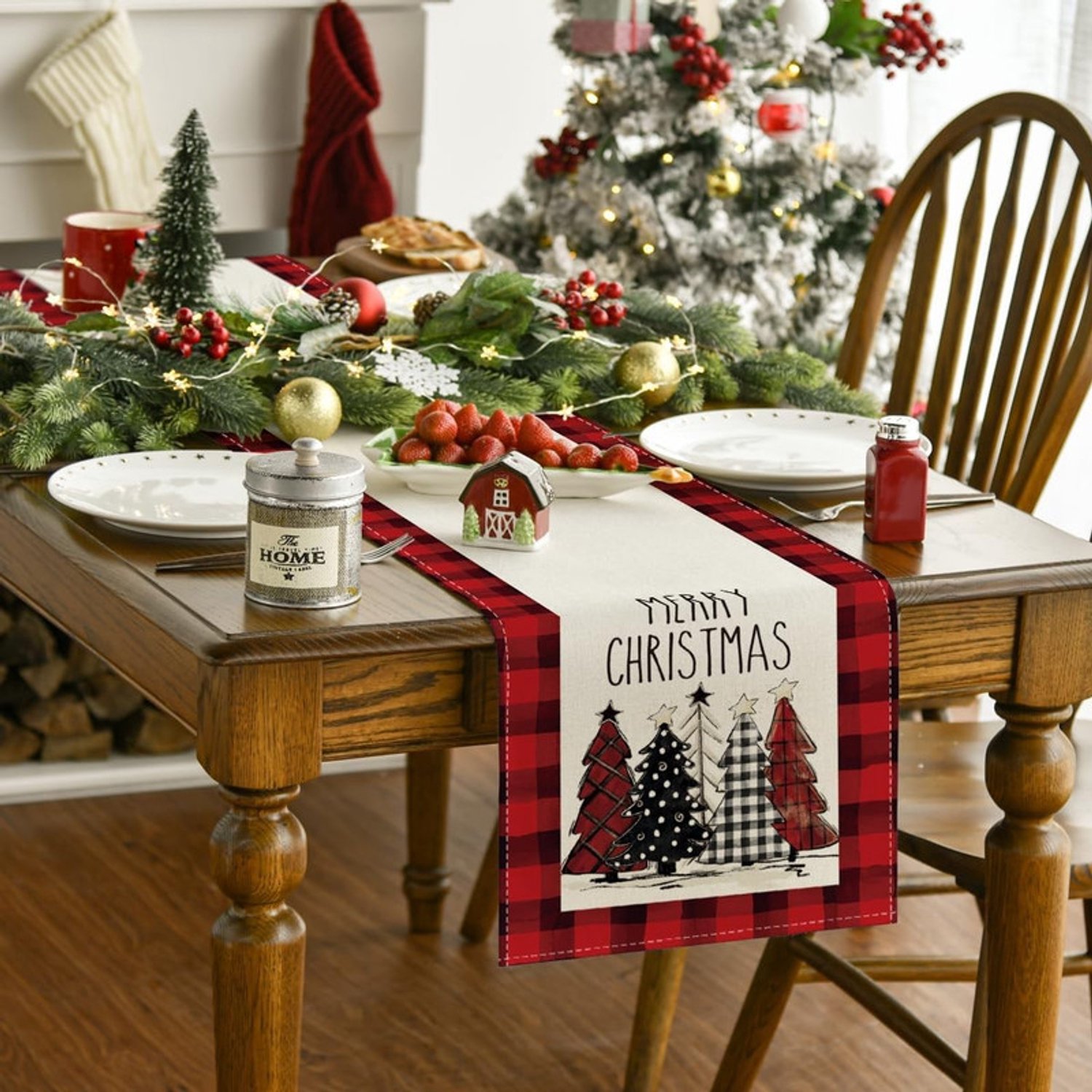 Kersttafelloper – L-33x275cm– Decoratieve tafelloper met opdruk – Feesttafelloper – Feestelijke decoratie voor de eettafel – Met kerstmotieven – Geschikt voor kerstfeesten in de winter en feestelijke decoratie in huis, keuken en eetkamer – foto 3
