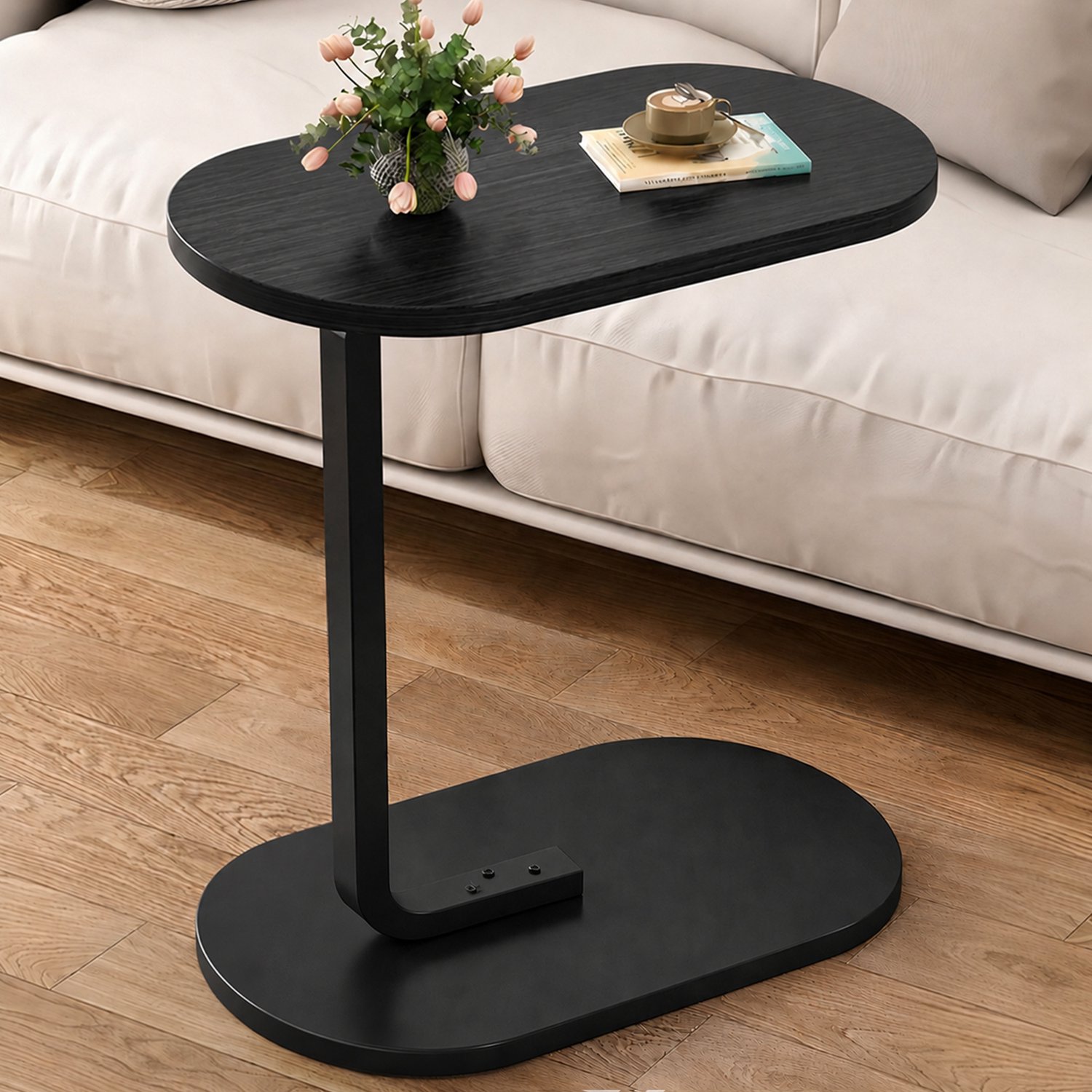 MIVRAY Bijzettafel C-vormig – 39,5 x 28,5 x 55 cm – Hout – Zwart – Voor Bank, Bed en Kleine Ruimtes – Laptoptafel, Snacktafel en Tv-tafel