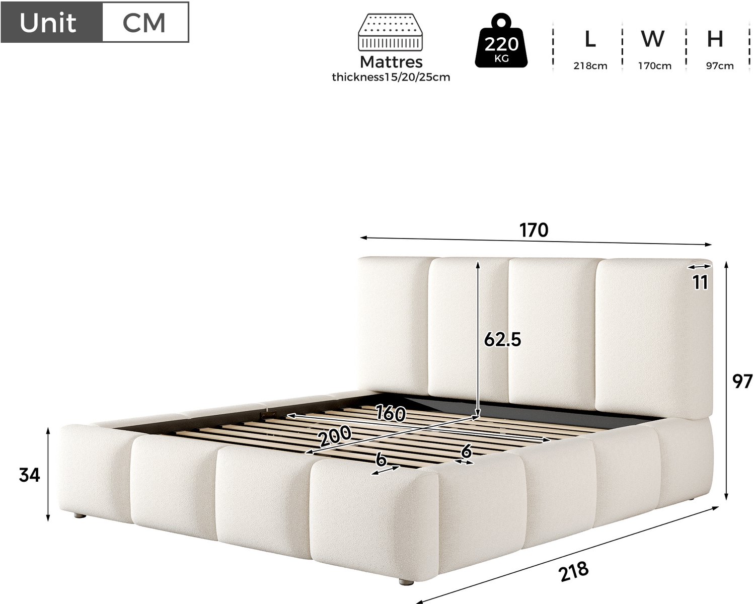 WUVRIE Gestoffeerd bed 160x200 cm - Hydraulische opbergruimte en lattenbodem - Wit bouclé